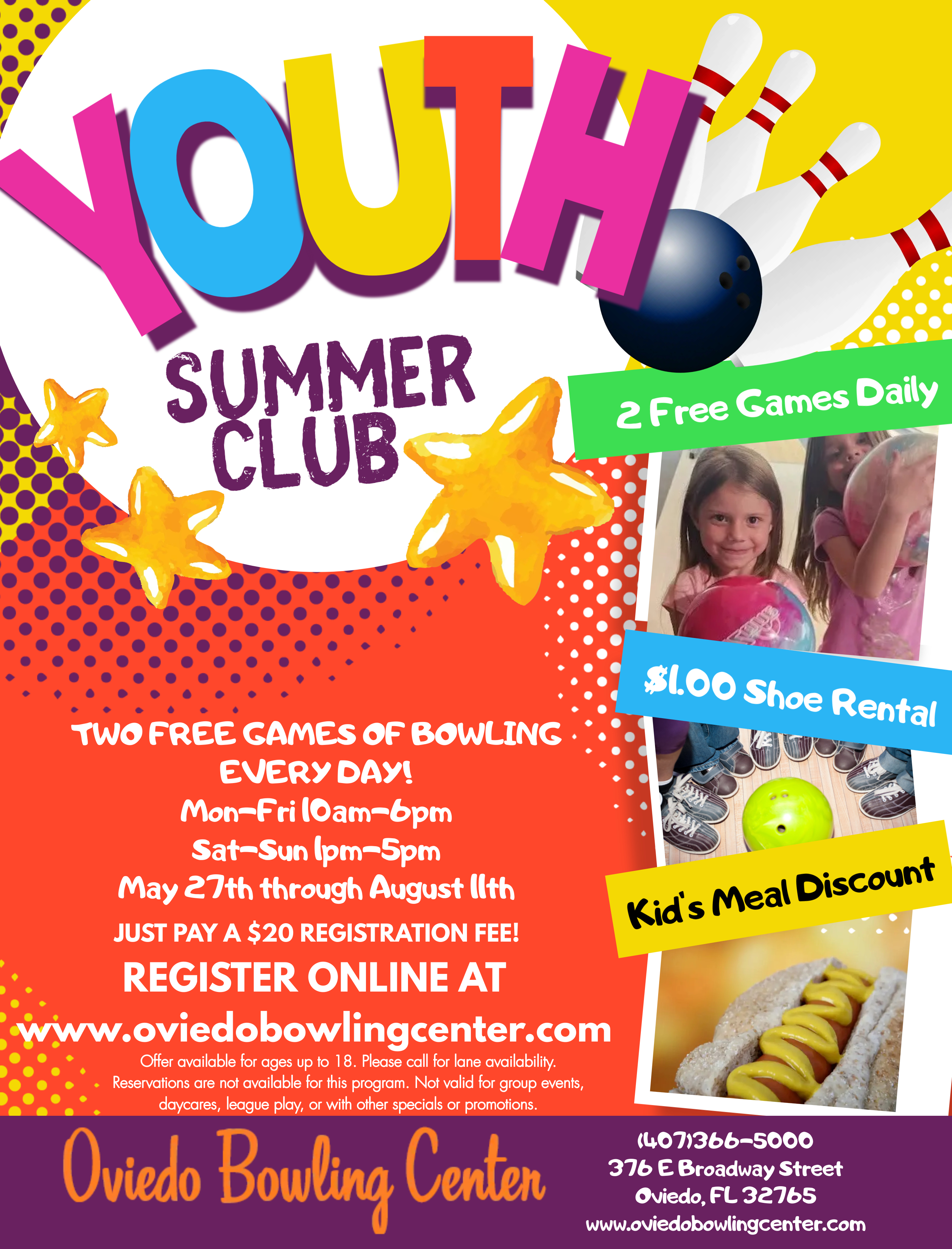 OBC Summer Youth Club Flyer Youth Summer Club registration is $20 per person and will get each registered member TWO free games every day of the summer, shoe rental is $1.00.  Members will receive 10% off kids meals.  Usable times:   M-F 10am-6pm  Sat Sun 1pm-5pm